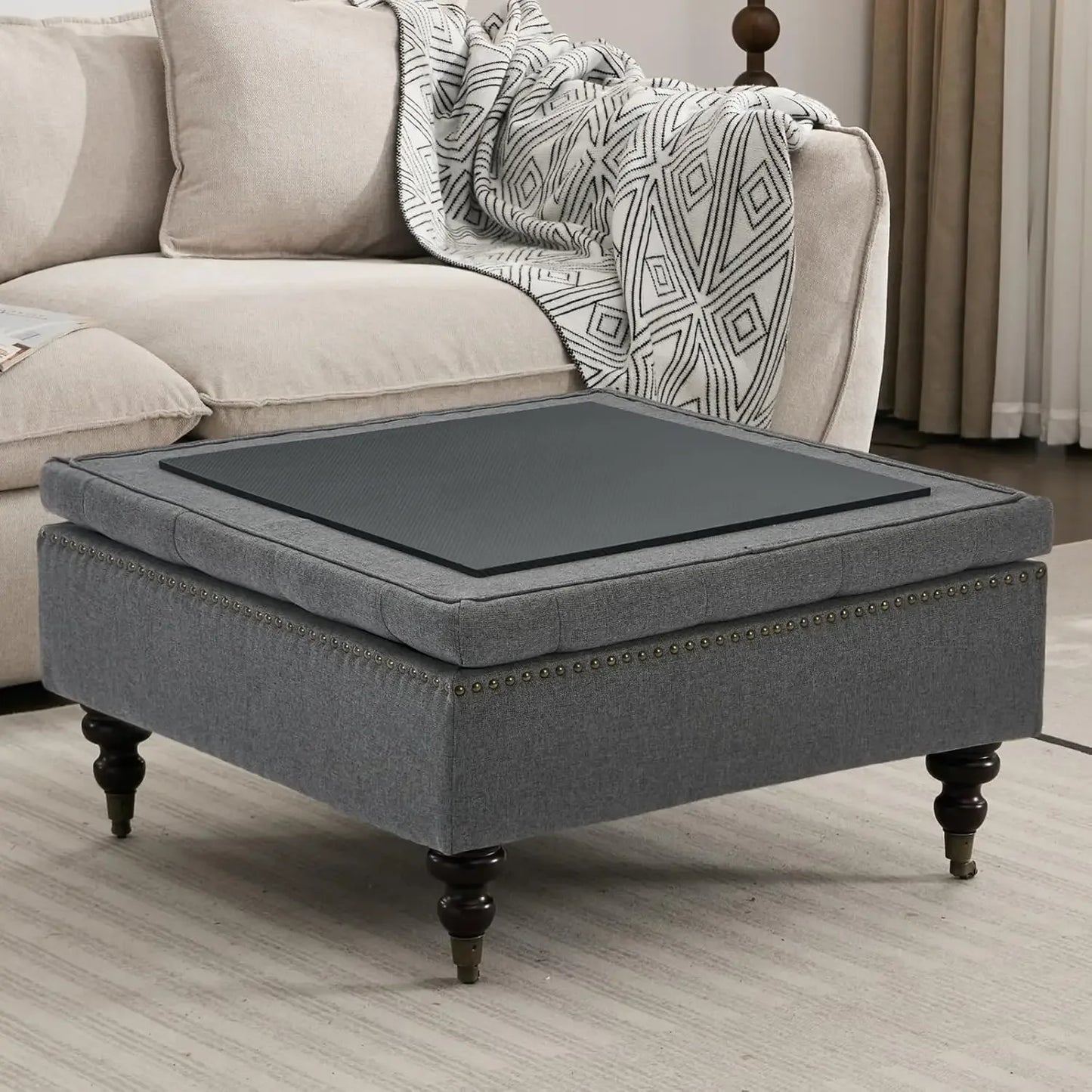 Large Square Storage Ottoman Uphlostered Tufted Button Coffee Table, Oversized Footrest Bench with Castered Rolling Wheels