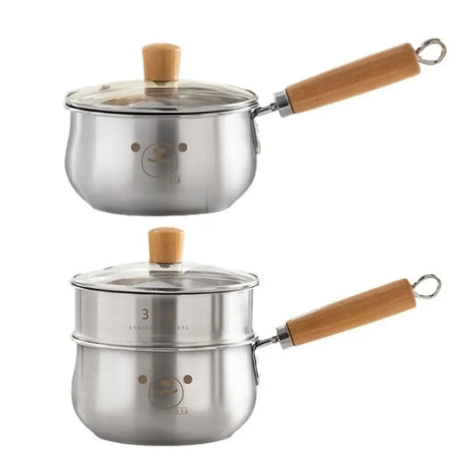 Practical 316 Stainless Steel Saucepan Soup Pot Cartoon Cookware Milk Pan with Lid Wooden Handle Stock Pot Kitchen Utensils