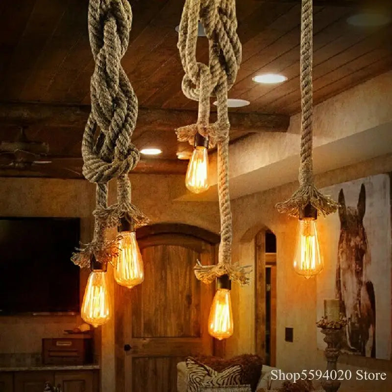 Retro Wire Hemp Rope Pendant Lights Bar DIY Creative Led Hemp Rope Pendant Lamp Vintage Loft Industrial Kitchen Lighting Fixture