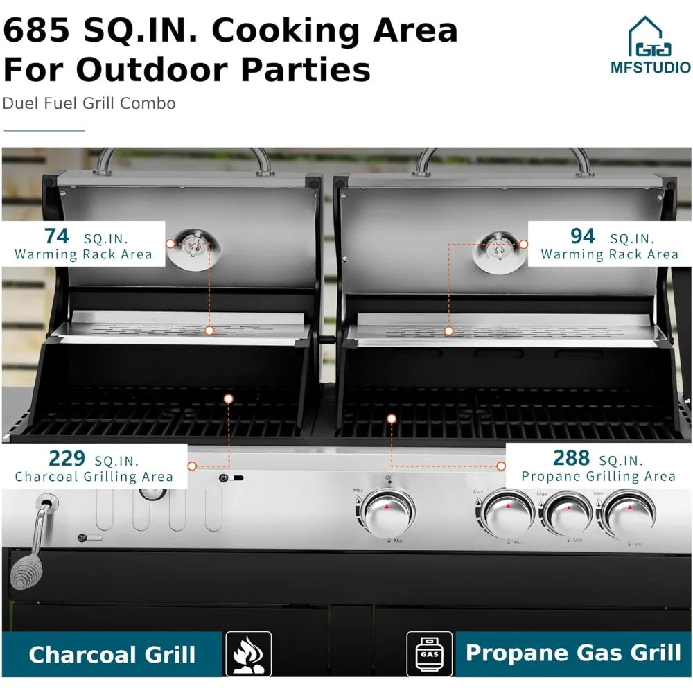 Dual Fuel Propane Gas Grill and Charcoal Grill Combo with Side Burner,Extra Large BBQ Grill for Outdoor Barbecue Cooking