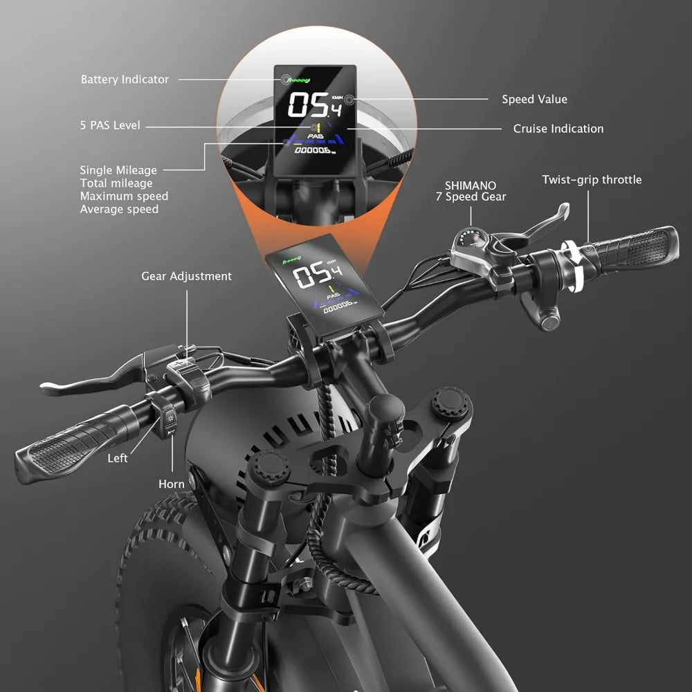 Electric Bike for Adults, 20 Inch Fat Tire Ebike with Peak 1500W Motor , 7 Speed Dirt Electric Motorcycle Bicycle