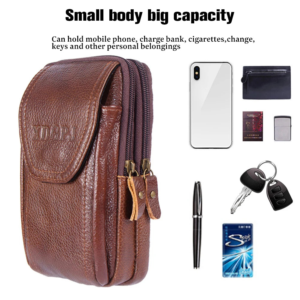 Men Leather Waist Bag Large Capacity Belt Bag Brown Shoulder Bags Crossbody Bags Multi-layer Buckle Mobile Phone Bag Bum Pouch