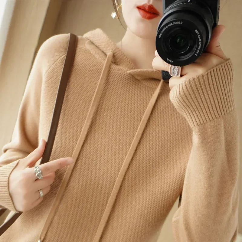 Hooded Sweater Woman Autumn Winter Long Sleeve Warm Bottoming Shirt Solid Casual Pullovers Knit Tops Korean Fashion Jumper 2024