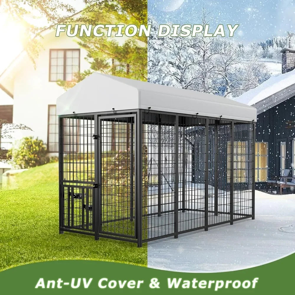 Dog Kennel Outdoor Pet Pens Dogs Run Enclosure Animal Hutch Metal Coop Fence with Roof Cover, Dogs Playpen