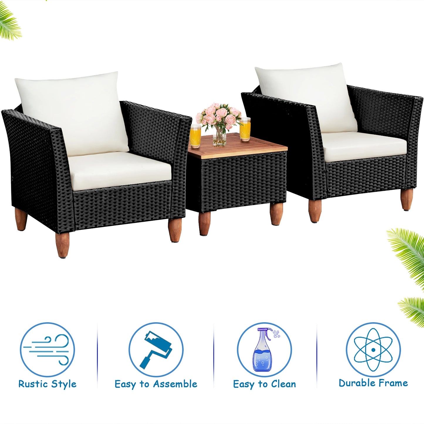 3PCS Outdoor Patio Rattan Furniture Set Wooden Table Top Cushioned Sofa Black