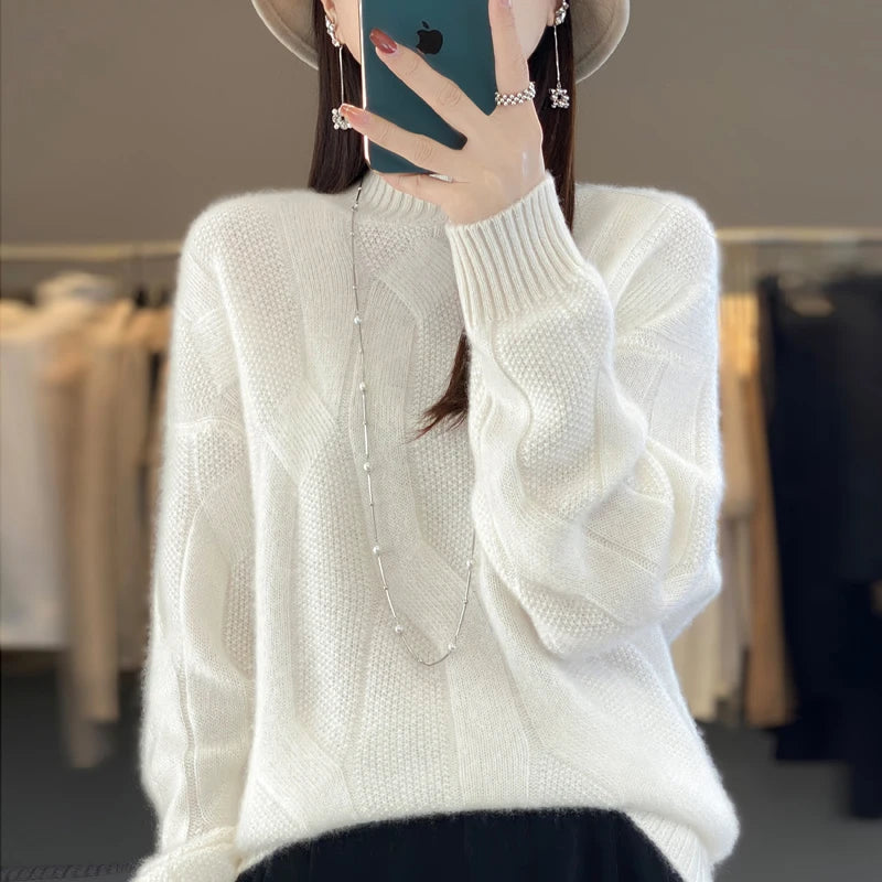 Women's pullovers fall/winter high-quality soft 100% merino wool sweater with half high neck and thick cashmere sweater top
