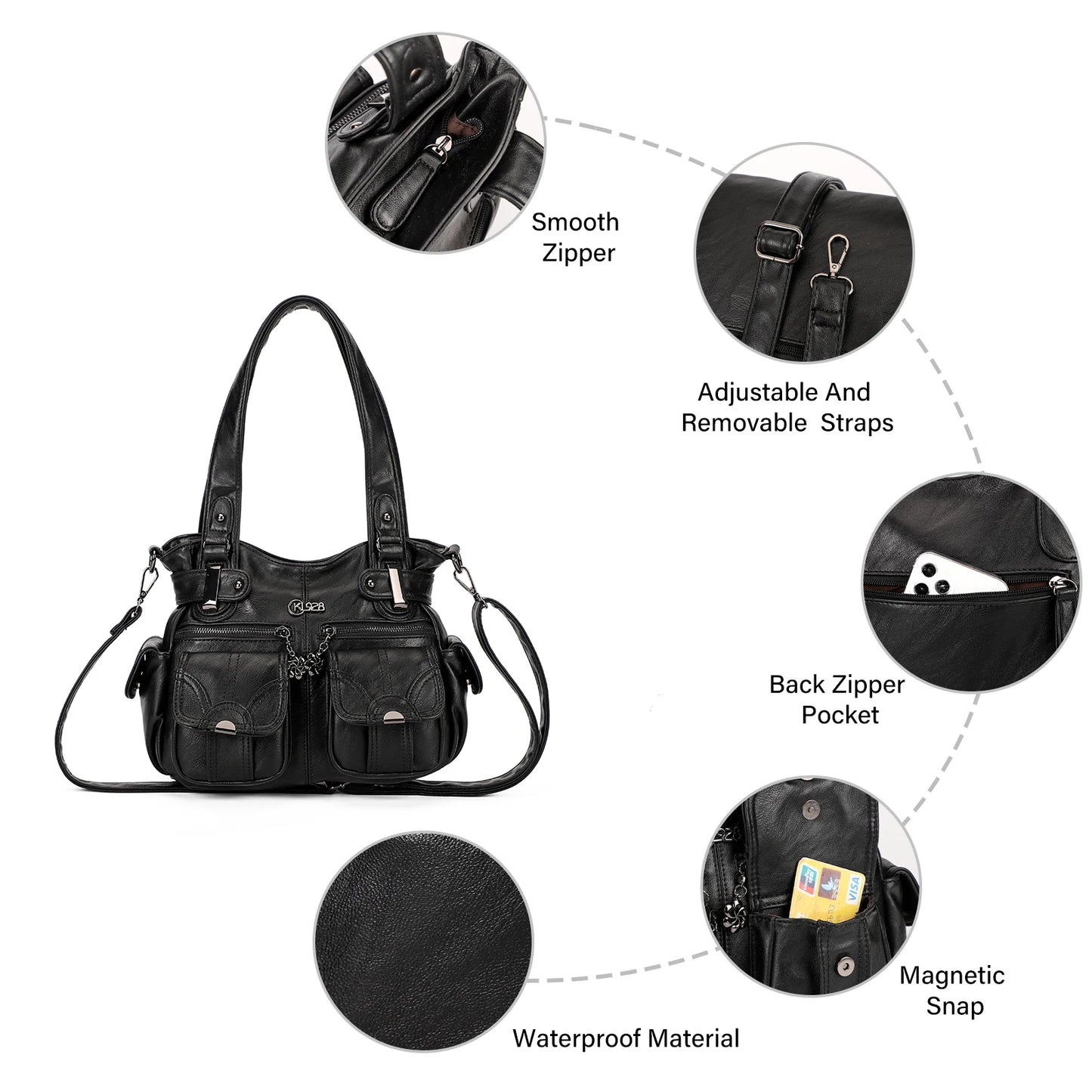 KL928 Purses for Women Small Hobo Shoulder Bags Soft Vegan Leather Handbags Multi Pockets Tote Bag