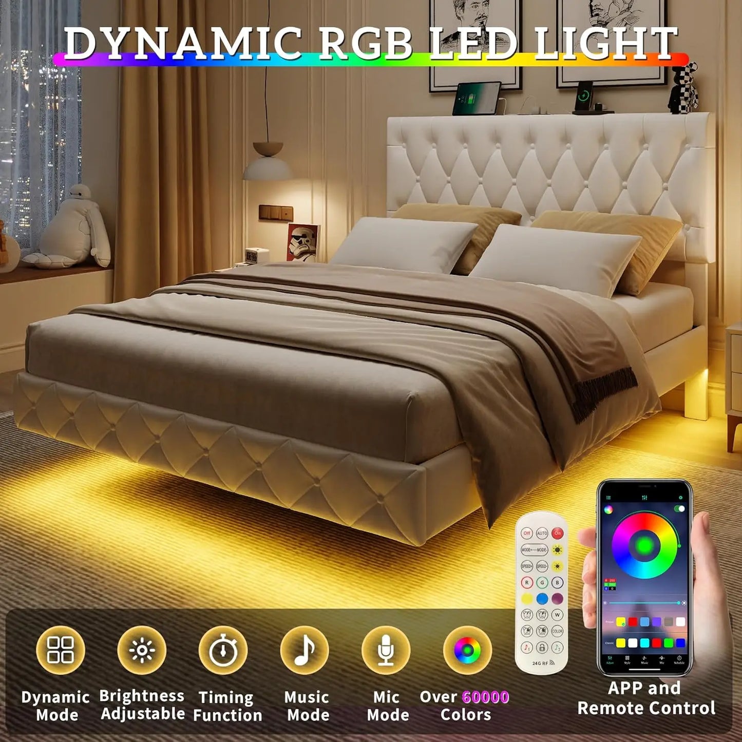 Lift Up Storage Bed Frame Queen Size Floating Bed Frame With Adjustable Headboard/Led Lights/Charging Station/Outlet,Velvet