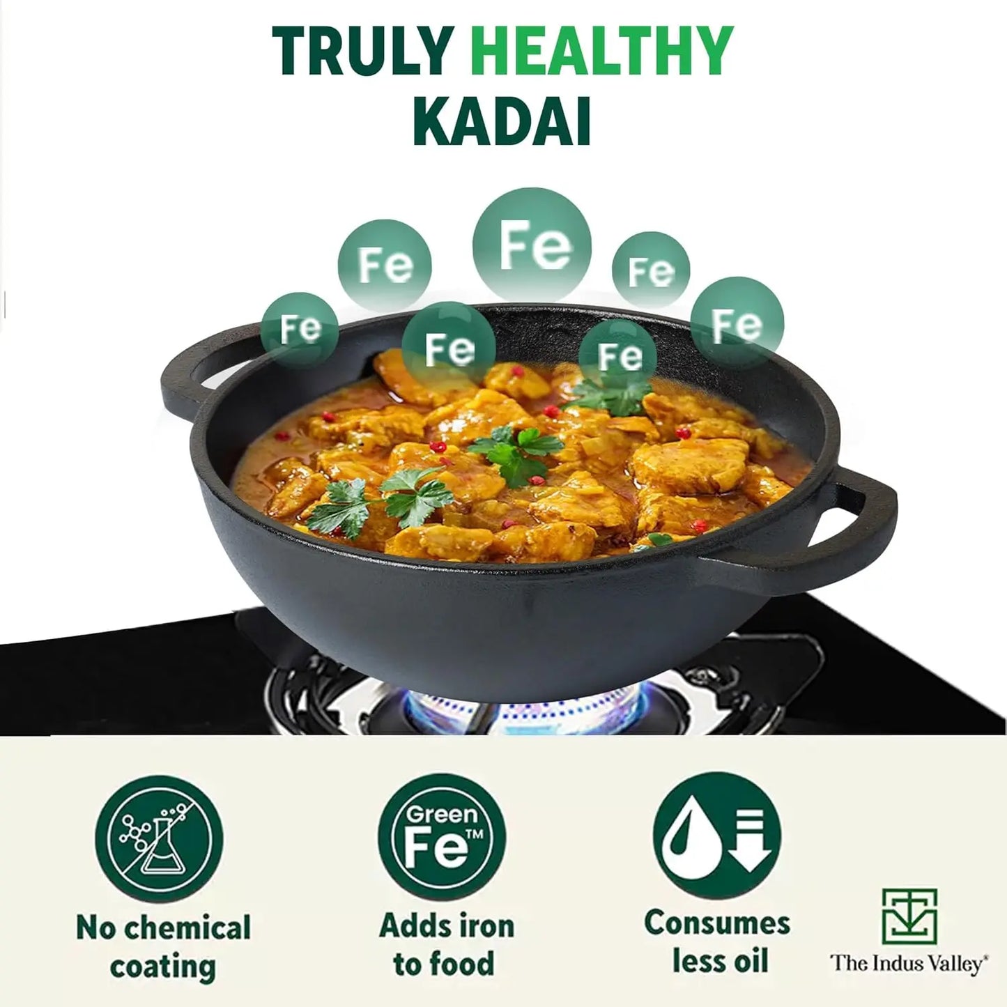 Pre-Seasoned Cast Iron Kadai with Flat Handles Free Wooden Flip | Medium, 25.4 cm/10 inch, 2.3Ltr, 2.5kg