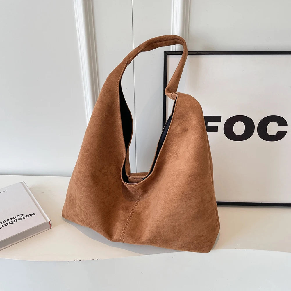 Women Suede Shoulder Bag with Pocket Underarm Bag Trendy Hobo Bag Slouchy Bag for Work Travel Shopping