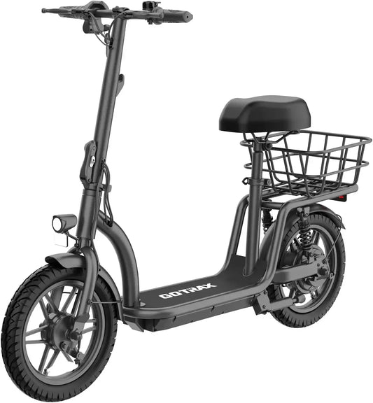 Electric bike with basket, adult commuting seat, foldable and comfortable wide deck