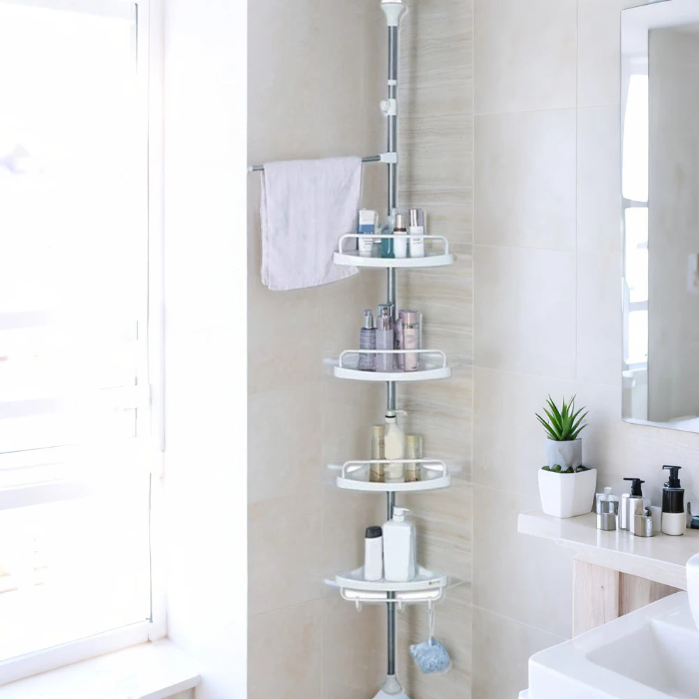 Corner Shower Caddy Tension Pole Bathroom Rust Proof Telescopic Rod 4 Tier Storage Rack Shower Organizer 120-310cm Adjustable