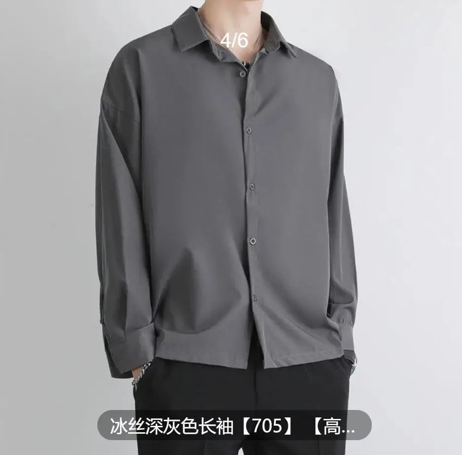 Premium Men Ice Silk Shirt Spring Summer Thin Luxury Loose Korean Business Shirt Solid Trendy Ruffle Draping Shirt Jacket B0142