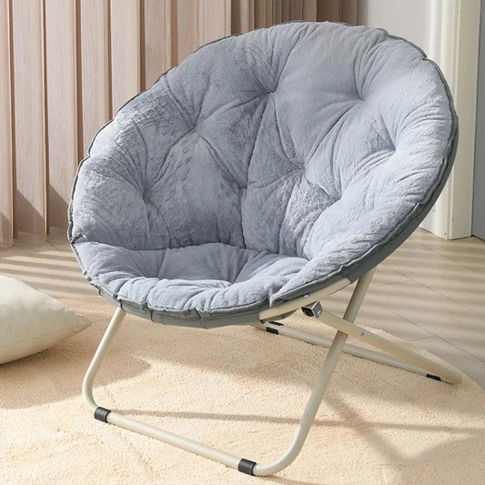 Comfortable Faux Fur Saucer Chair Round Folding Lounge Chair Living Room Flexible Seating for Adults Big Moon Shape Decorative