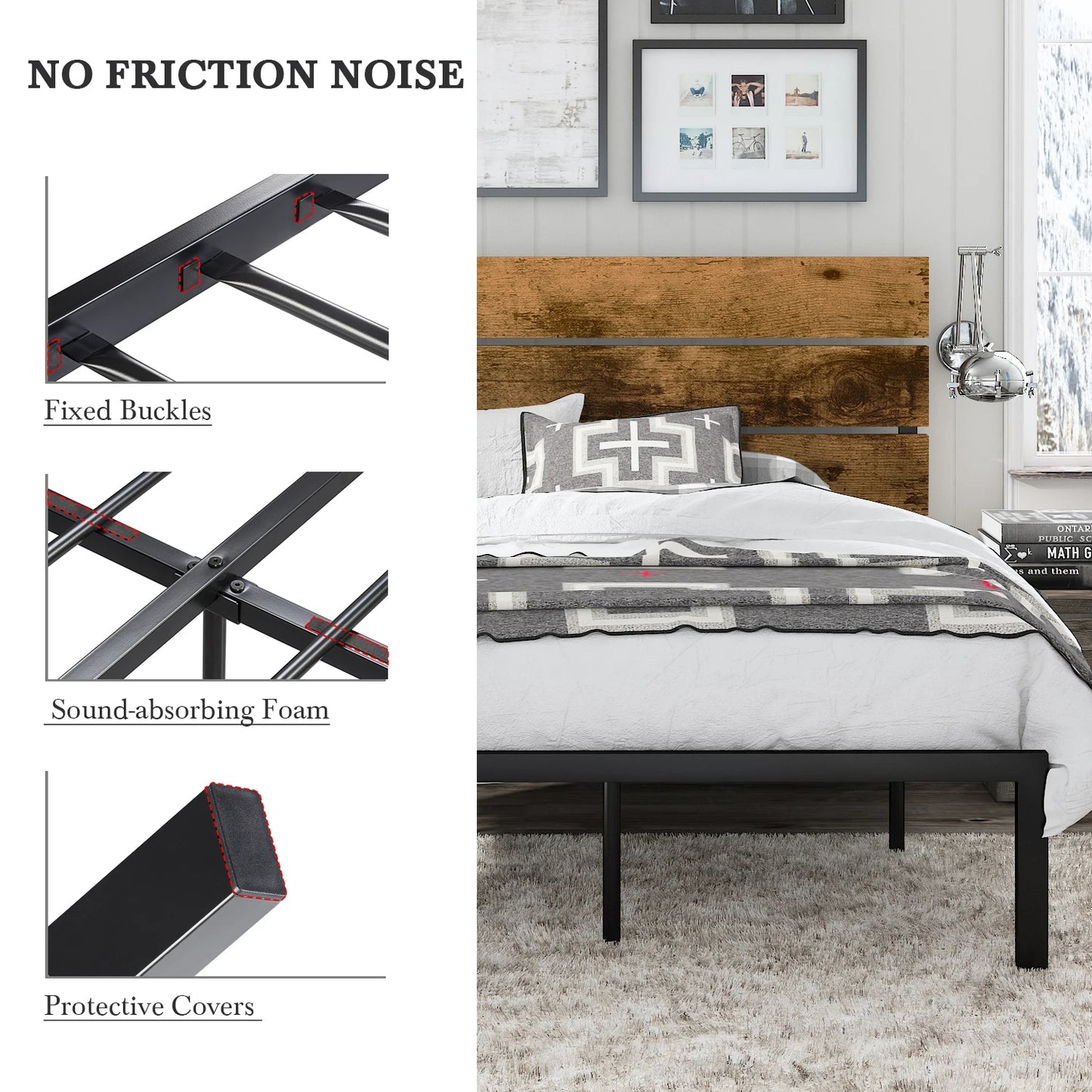 HOOMIC Bed Frame with Rustic Wooden Headboard/Heavy Duty Platform Bed Frame/Mattress Foundation/Strong Metal Slats Support