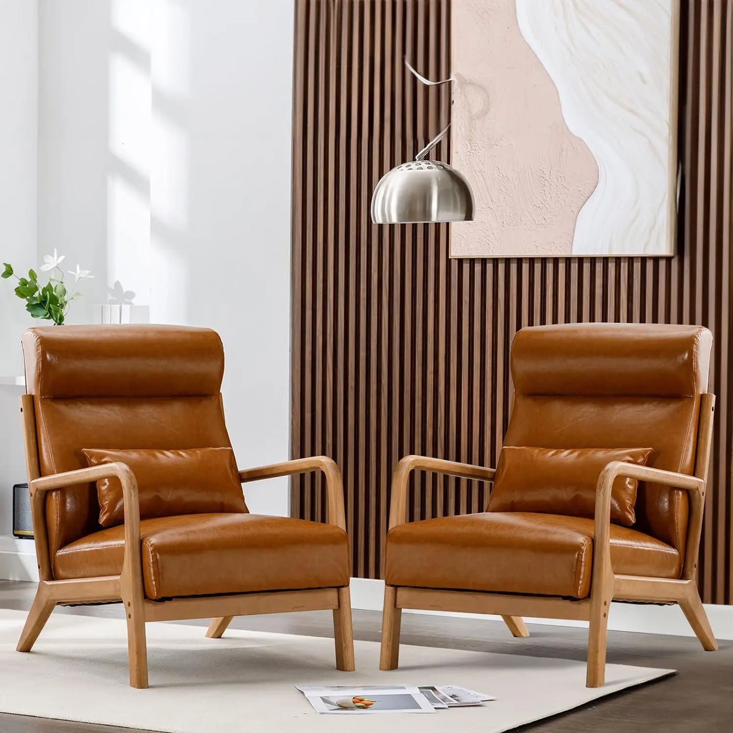Mid Century Modern Accent Chairs Set of 2, Single Fabric Lounge Reading Armchair with Solid Wood Frame,Easy Assembly Arm Chairs