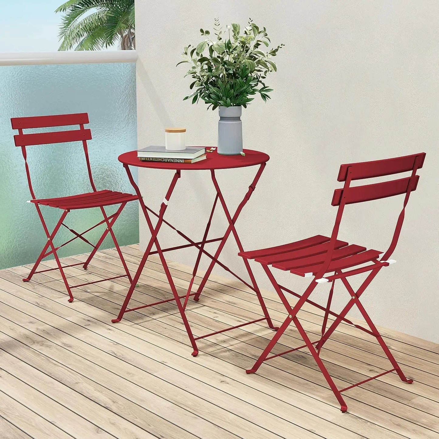 Folding Outdoor Patio Furniture Sets, 3 Piece Patio Set of Folding Patio Table and Chairs, hold up to 330 lbs respectively Red