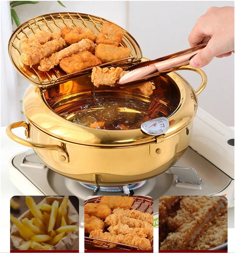 304 Stainless Steel Pan ,Tempura Fryer Pan, Japanese Deep Frying Pot with a Thermometer and a Lid， cookware ，20 /24 /28cm