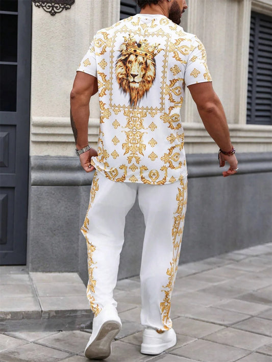 Summer Men's Short Sleeve And Trousers Lion Print Luxury Retro Casual Style Men's Suit Trend Pants And Short Sleeve 2 Piece Set