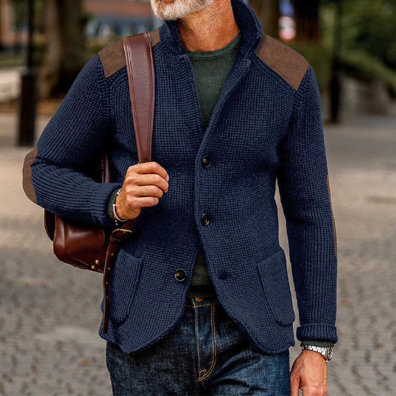 Vintage Patchwork Stand Collar Knitted Jackets Men Spring Casual Button Sweater Cardigan Mens Fashion Slim Knitting Sweatercoats