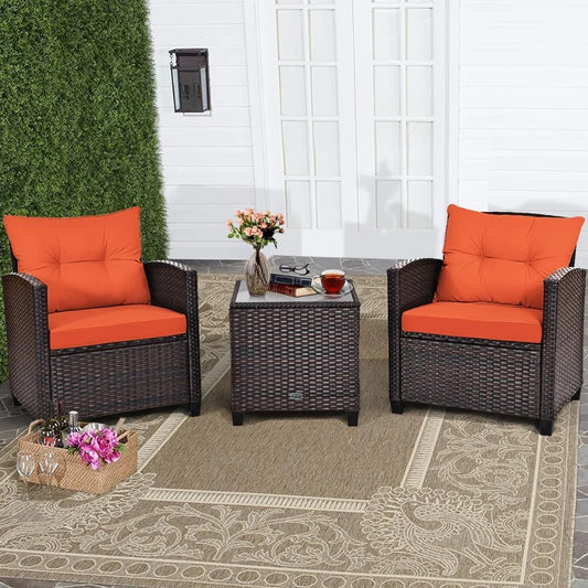 3 Piece Patio Furniture Set, Wicker Bistro Conversation Set w/2 Cushioned Armchairs & Glass Topped Table, Outdoor Rat