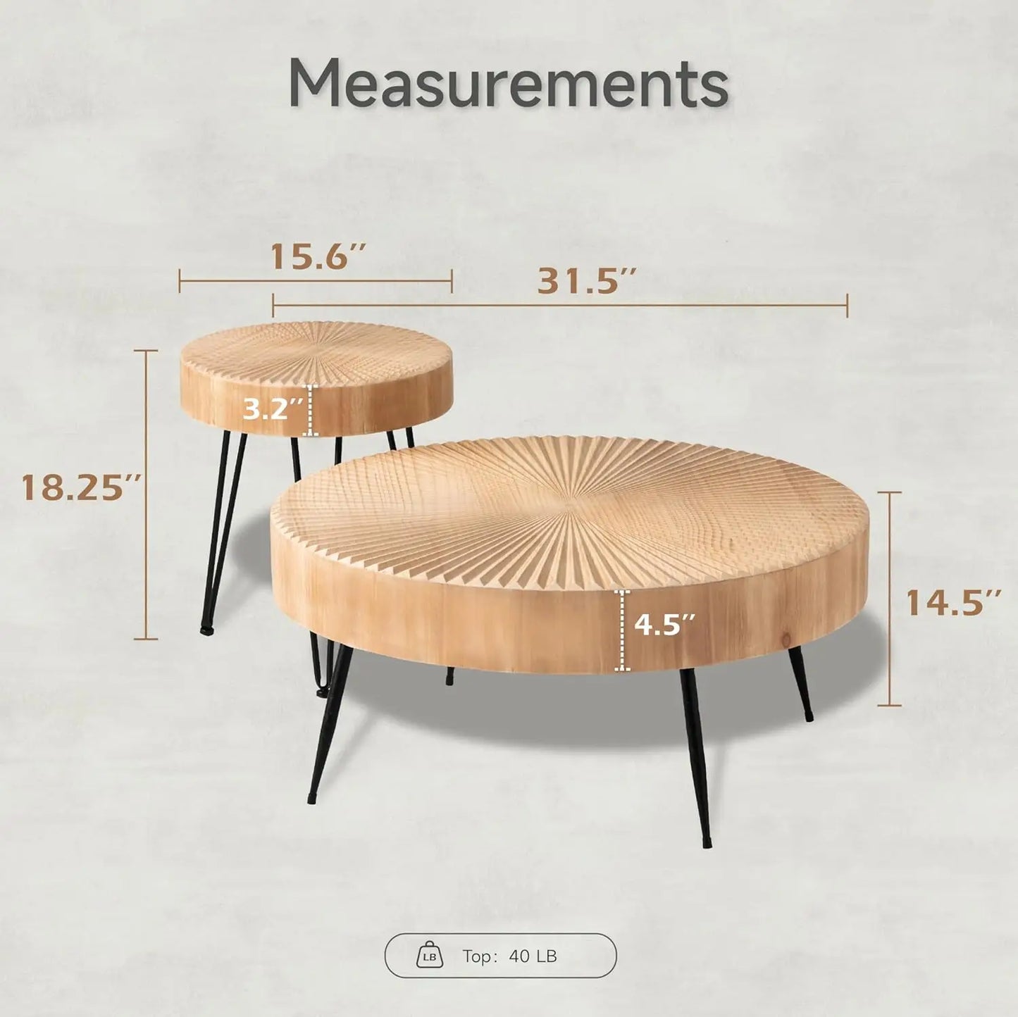 2-Piece Modern Farmhouse Coffee, Nesting Round Natural Finish with Handcrafted Wood Radial Pattern living room table sets,