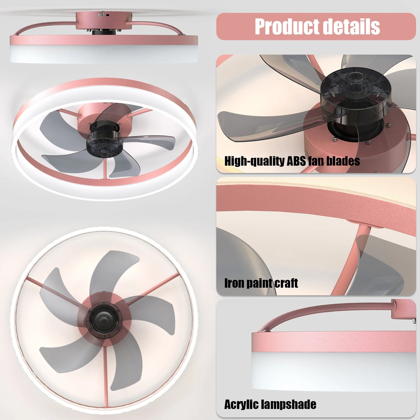 Modern Ceiling Fan with LED Light, Low-Profile Flush Mount,6-Speed Adjustable, Ideal for Bedroom and Living Room （Pink）