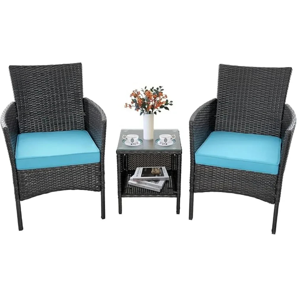 3-piece Outdoor Small Bar Set, Terrace Furniture Chairs, Black Wicker Porch Furniture with Glass Coffee Table