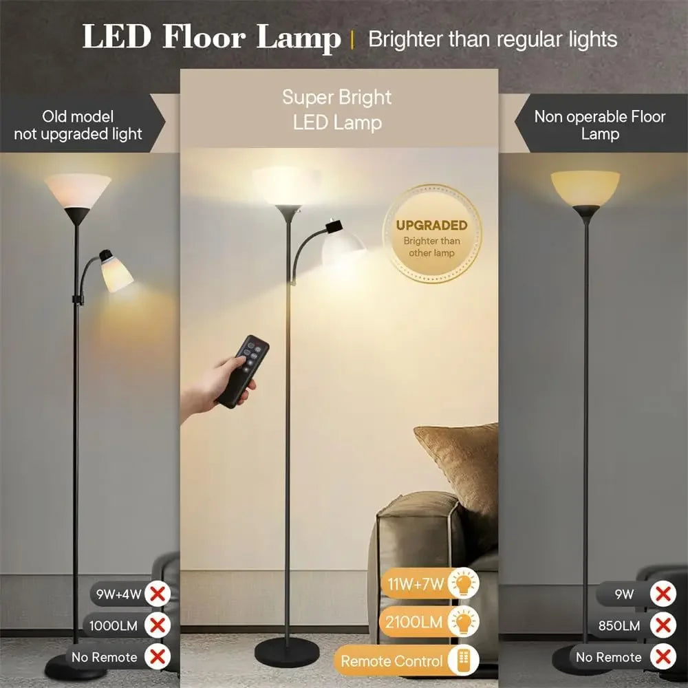 Led Floor Lamp, Super Bright 11W+7W 2100LM Torchiere Floor Lamps for Living Room, Stepless Adjustable 3000K-6000K Temperatures