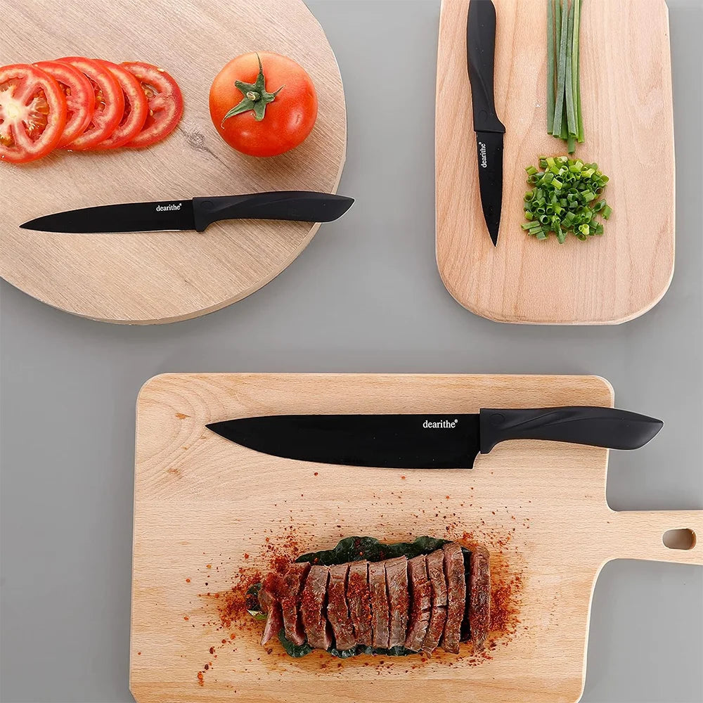 A set of 7 kitchen knives, a set of stainless steel black knives, professional chef's knife, acrylic stand, kitchen accessories
