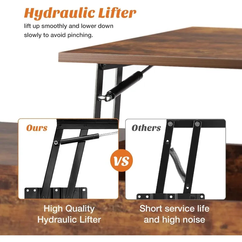 Coffee table, living room lift coffee table with storage shelf and hidden compartment, brown