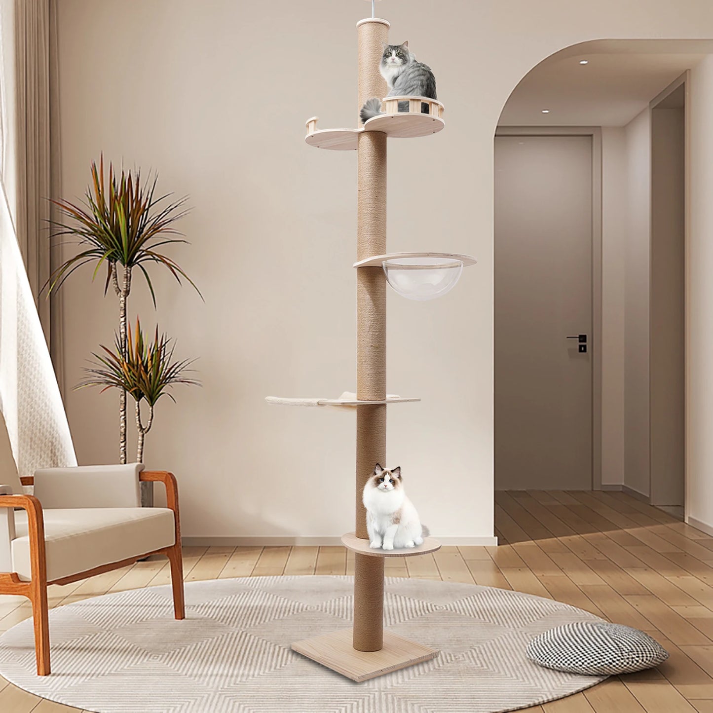 4 Tiers Cat Tree with Natural Sisal Rope Scratching Post Floor-to-Ceiling Cat Climbing Tower Adjustable Height