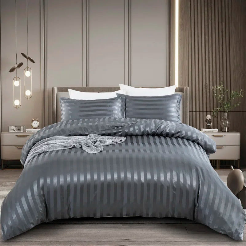 Satin Striped Duvet Cover Twin/Full/Queen/King/Single/Double Size Set, Luxury Silky Like Khaki Stripe Duvet Cover Bedding Set