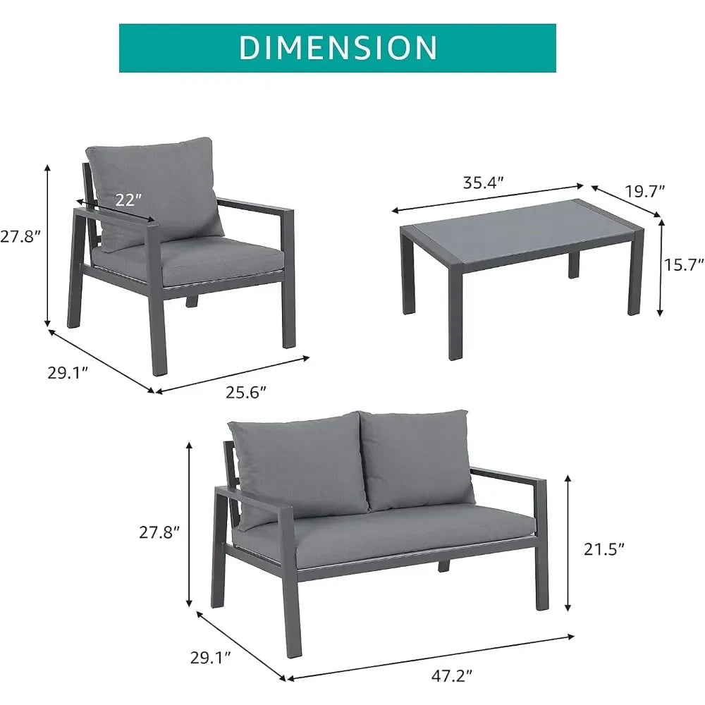 4-Piece Aluminum Outdoor Patio Furniture, Patio Conversation Sofa Set with Removable Cushions, Tempered Glass Top Coffee Table