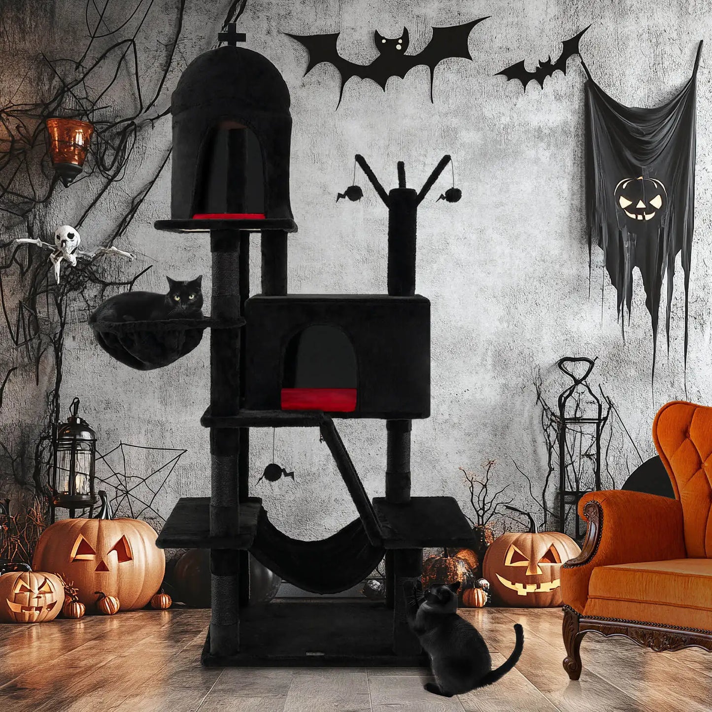 Gothic Cat Tree for Indoor Cats Black Large Cat Tower w/ 2 Cat Condos