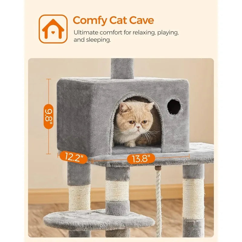 Cat Tree, Cat Tower for Indoor Cats, 56.3-Inch Cat Condo with Scratching Posts, Hammock, Plush Perch,