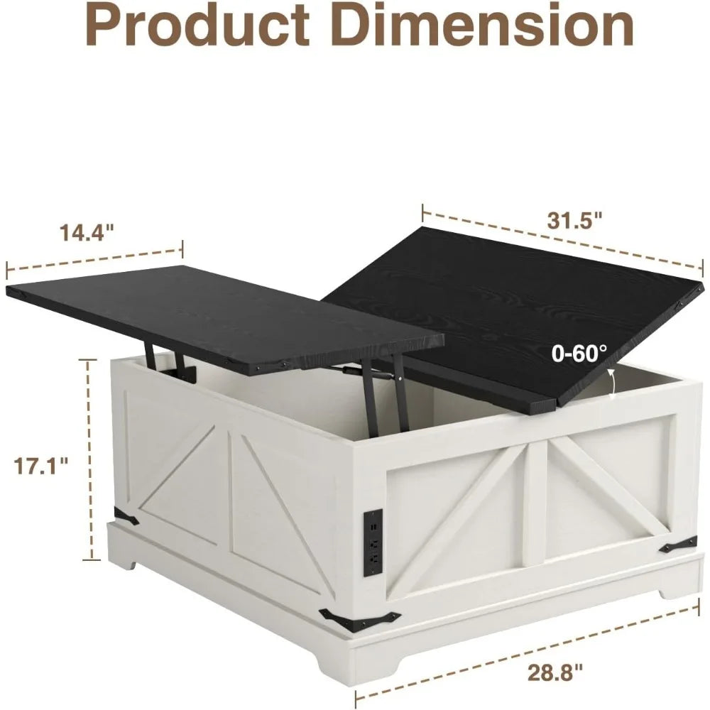 Farmhouse Lift Top Coffee Table with Storage,  Wood Square Center Table with Charging Station, Rustic Cocktail Tables with Flip