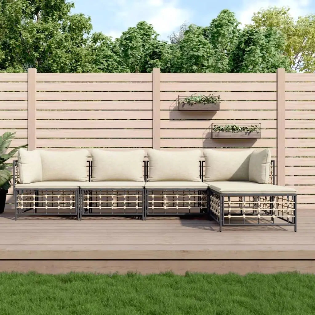 5-Piece Anthracite Poly Rattan Patio Lounge Set with Cushions – Stylish Outdoor Furniture