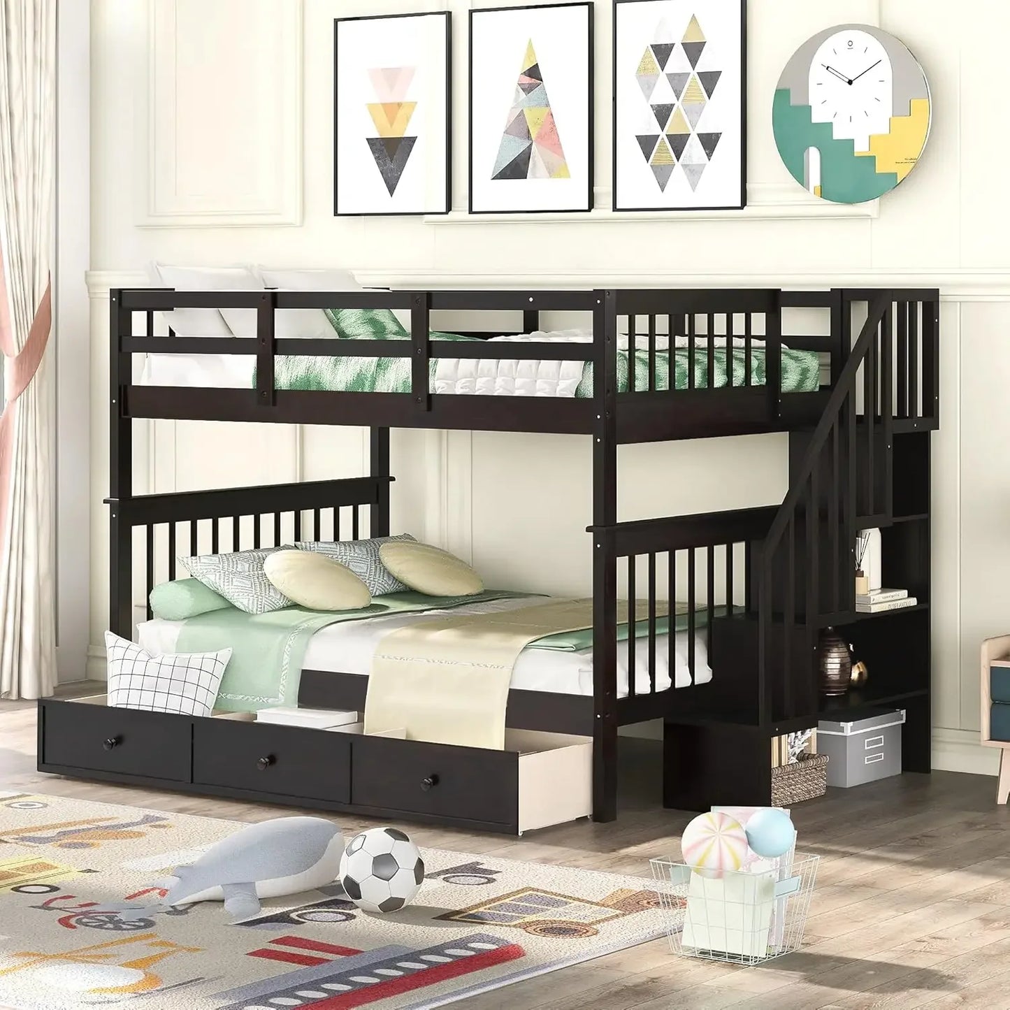 Full Over Full Bunk Bed with Trundle & Stairs, Wooden Full Size Bunk Bed Frame with Storage,for Kids Teens Adults