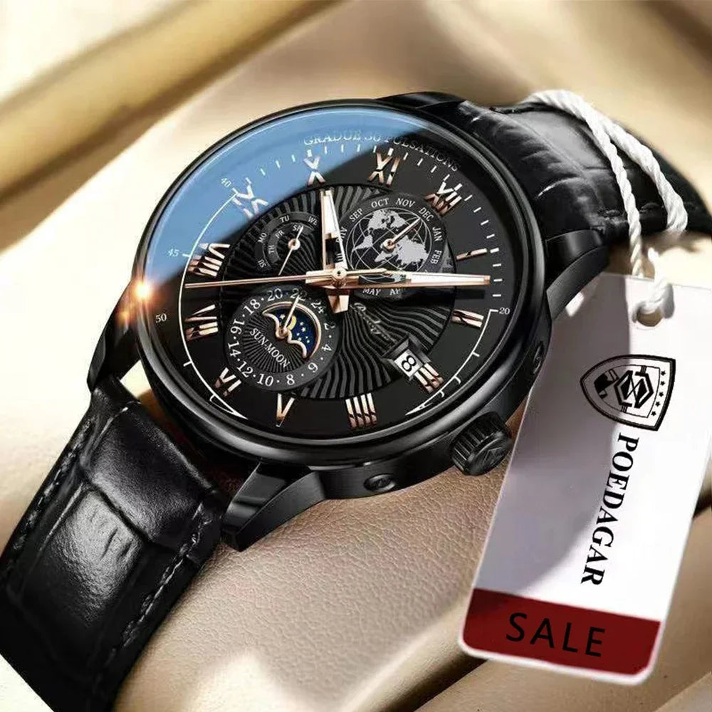 Luxury Man Watch Waterproof Chronograph Moon Phase Pattern Luminous Men's Wristwatch Leather Men Quartz Watches Casual Clock