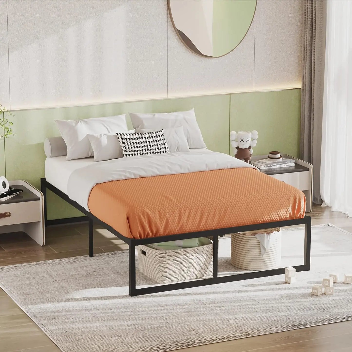 Elephance Queen Bed Frame With Storage Space 16 Inch Black Bedframe No Box Spring Needed Metal Platform With Heavy Duty Steel