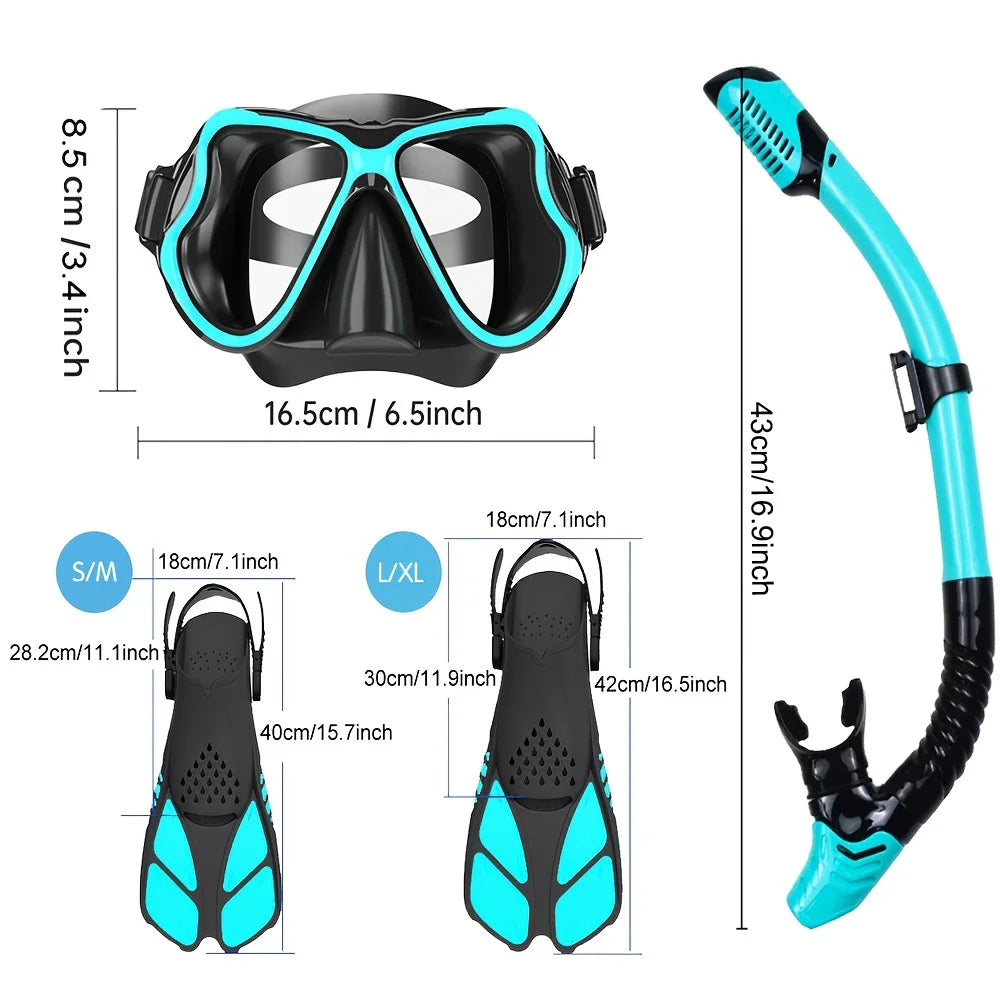 Mask Fin Snorkel Set Snorkeling Gear for Adults with Panoramic View Anti-Fog Mask Trek Fins Dry Top Snorkel and Gear Bag