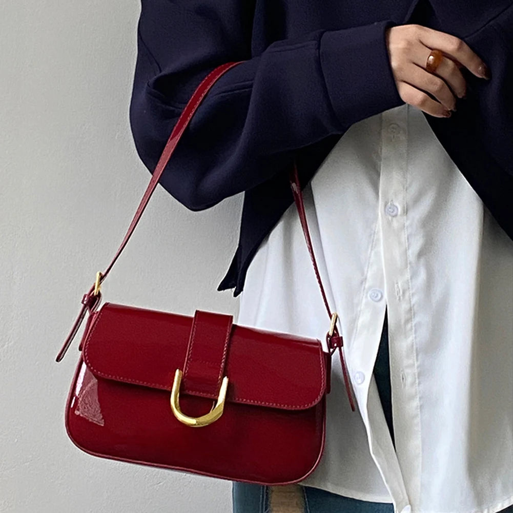 Women Buckle Hobo Bag Fashion Messenger Bag Strap Adjustable Patent Leather Shoulder Bag Vintage Tote Handbag Girl Stylish Purse