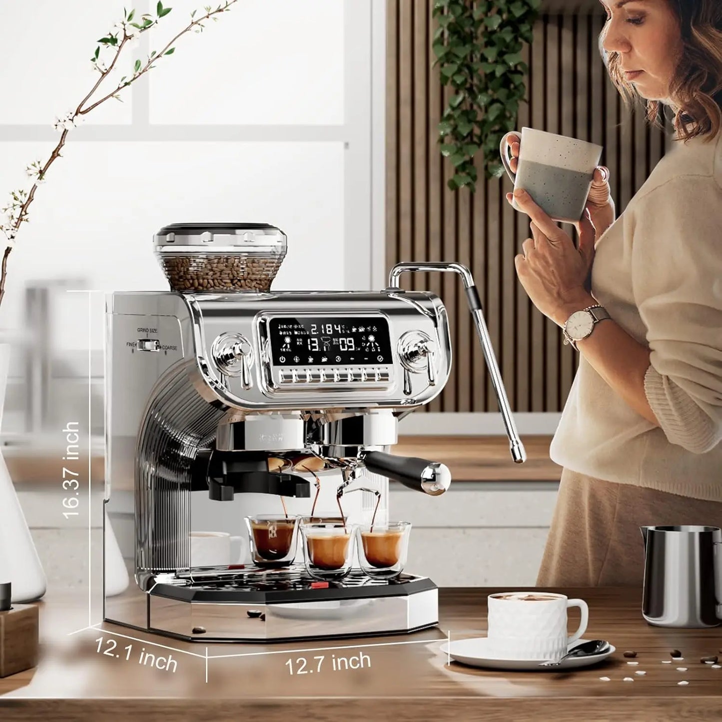 TC530 Espresso Machine with Milk Frother，Semi Automatic Coffee Machine with Grinder,Easy To Use Espresso Coffee Maker with 5.5