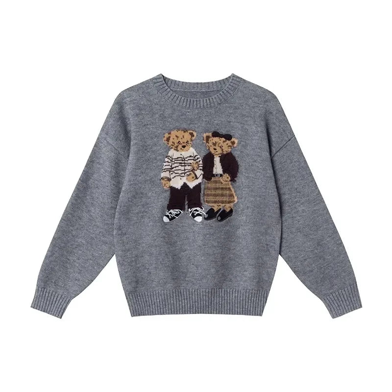 High Quality Embroidery POLO Neck Sweaters Korean Sweet Cute Bear Cartoon Jumper Pullover Winter Fashion Women Loose Casual Tops
