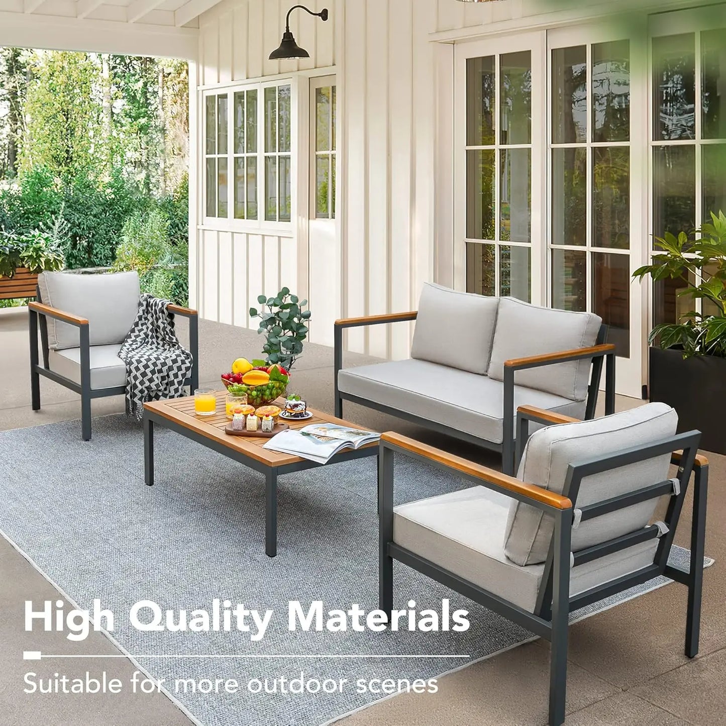 4 Pieces Patio Furniture Sets Outdoor Conversation Set Acacia Wood Sofa Set with Coffee Table Thicker Sponge Cushion