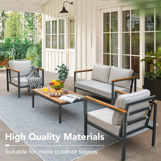 4 Pieces Patio Furniture Sets Outdoor Conversation Set Acacia Wood Sofa Set with Coffee Table Thicker Sponge Cushion