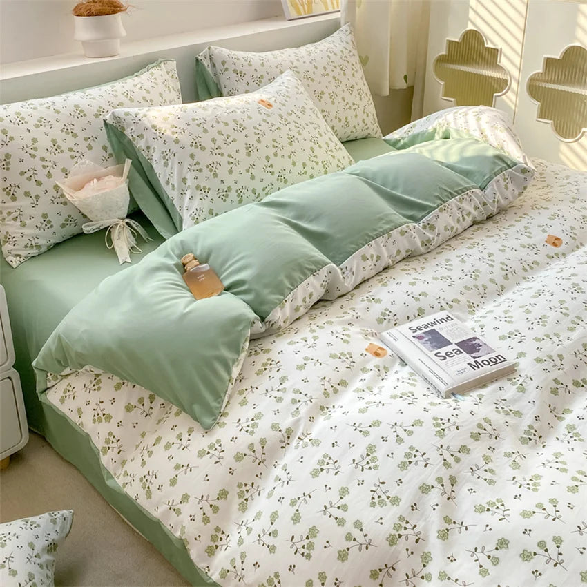 Korean Retro Floral Bedding Set 100% Washed Cotton Bed Sheets Set Soft Duvet Cover Bed Linen Pillowcase Single Double Queen King