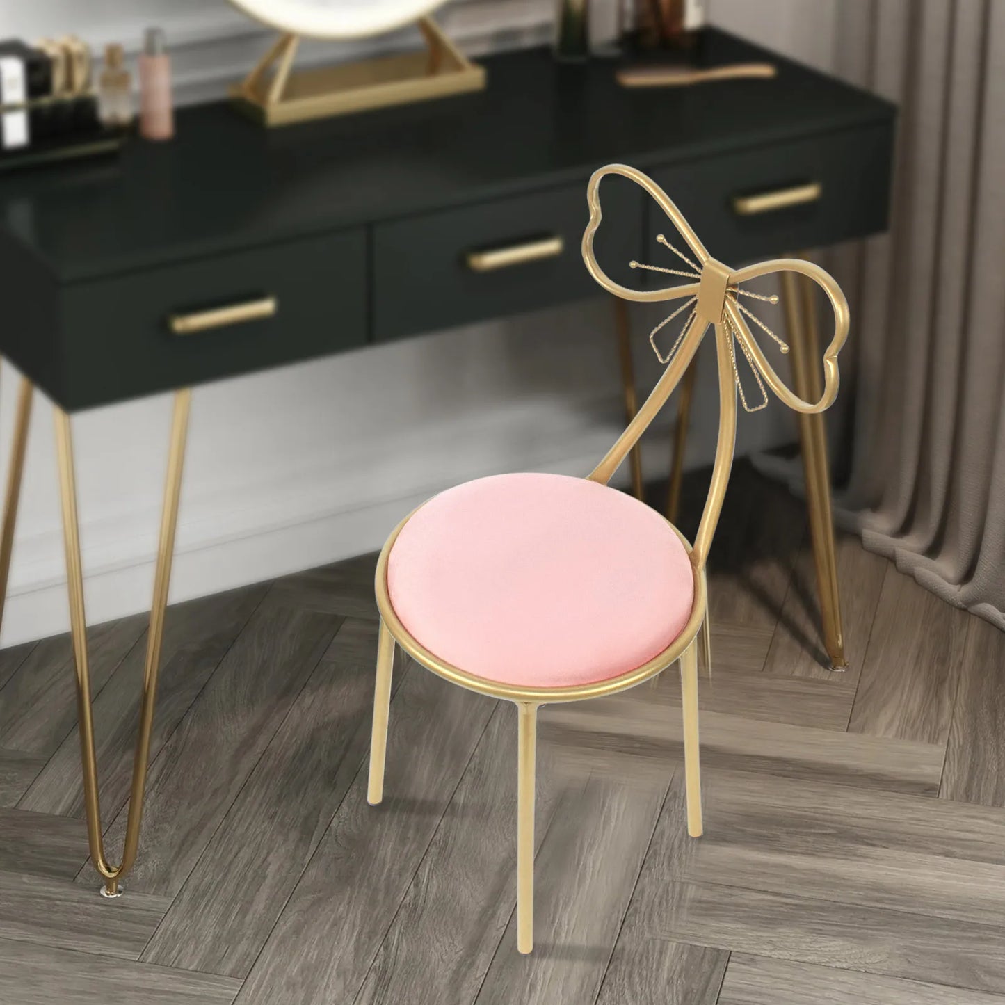 Vanity Stool Chair for Makeup Modern Velvet Butterfly Accent Chair Pink Cute Girls Bow Knot Backrest Chair Bedroom Home Decor