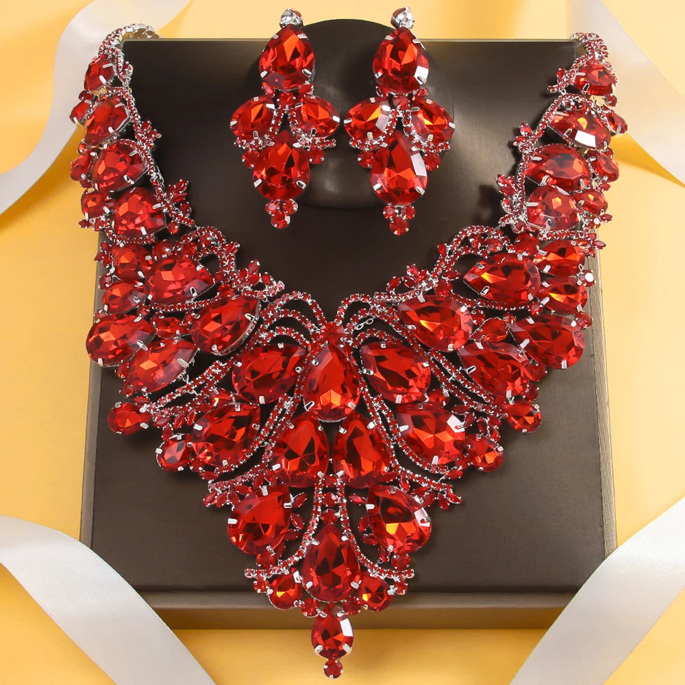 Stonefans Red Crystal Exaggerate Jewelry Set Luxury 2024 for Women Bridal Large Water Drop Necklace Earrings Sets Dubai Wedding